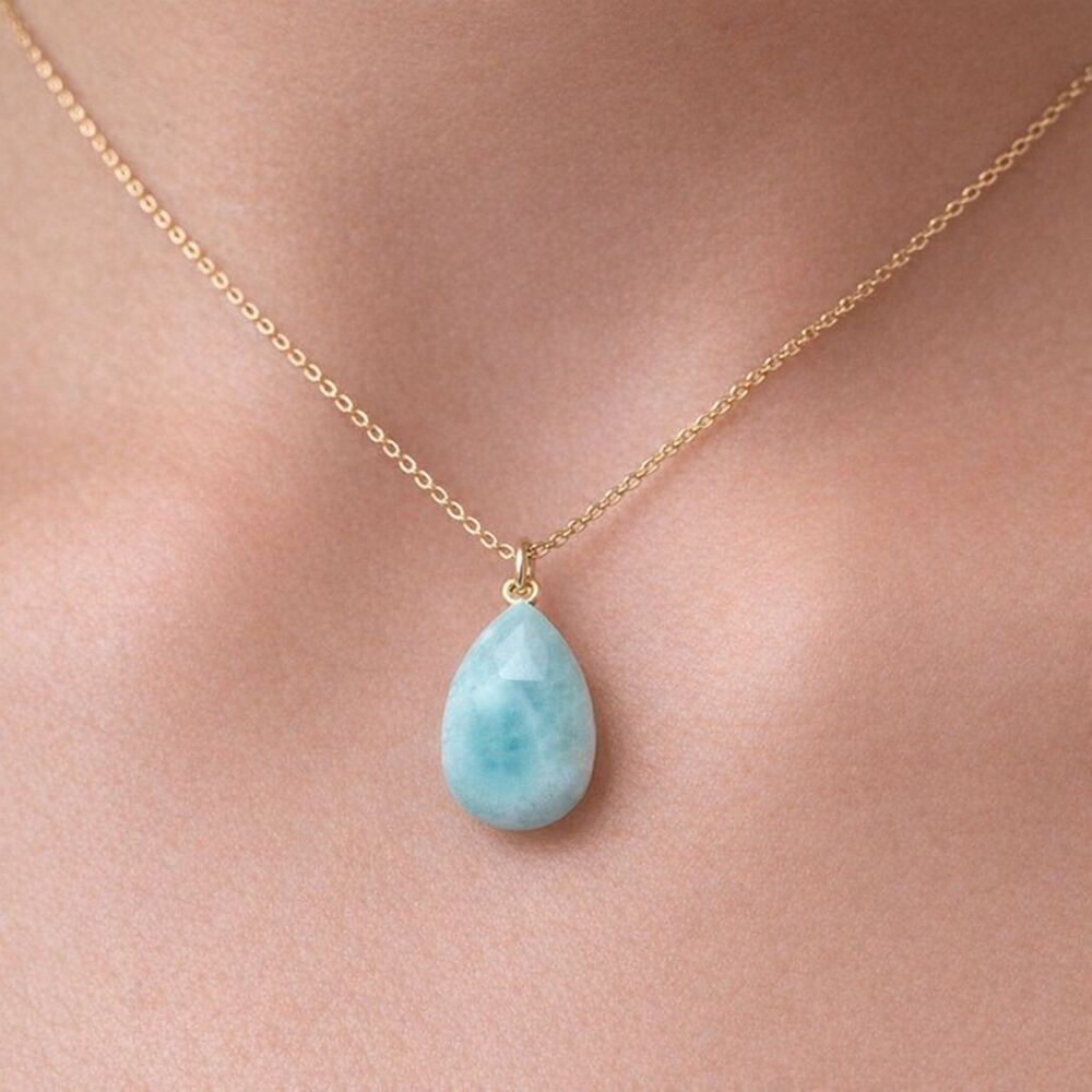 Larimar 8x12mm Faceted Pear Briolette Beads Natural pendant on a 14kt. gold chai